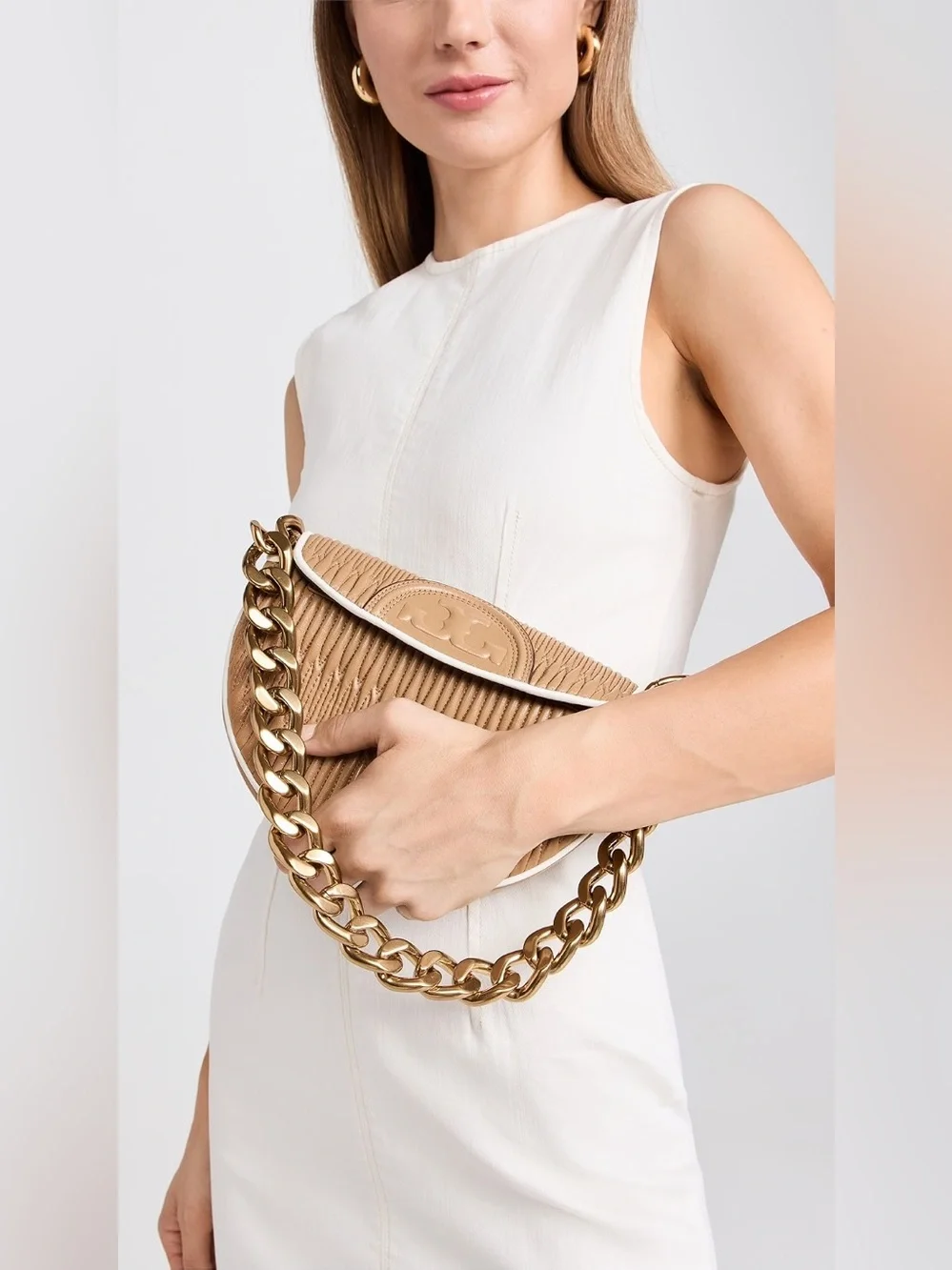 Tory Burch Fleming Soft Pleated Mini Crescent Bag Dusty Almond Leather w/ Chain